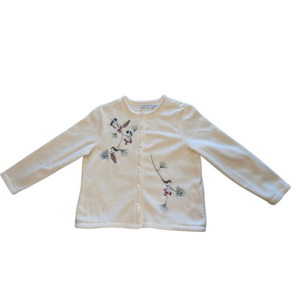 Vintage Cottagecore Blair Embroidered Bird Fleece Cardigan Woodland Fairy Cozy L - Picture 7 of 14